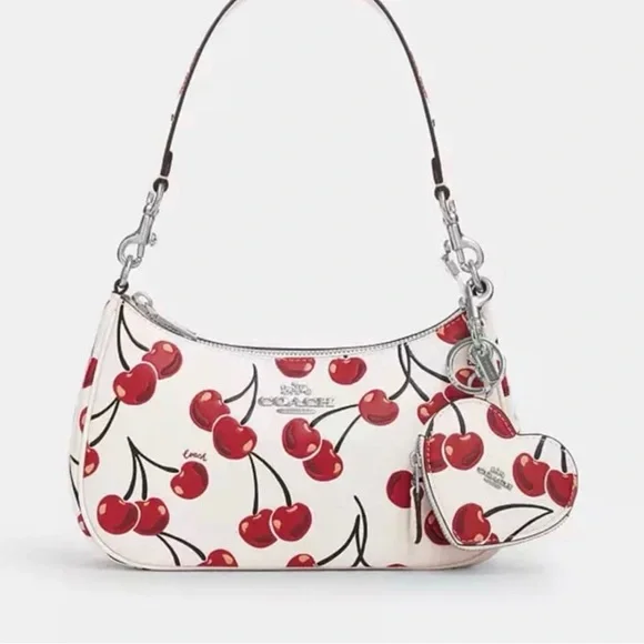 NWT Limited Coach CZ091 Leather Heart Coin Pouch Bag Charm With Cherry Print - Picture 6 of 6